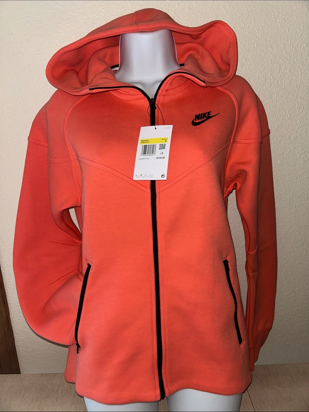 Nike Women's Zip-Up Hooded Jacket in Coral Orange with Black Accents